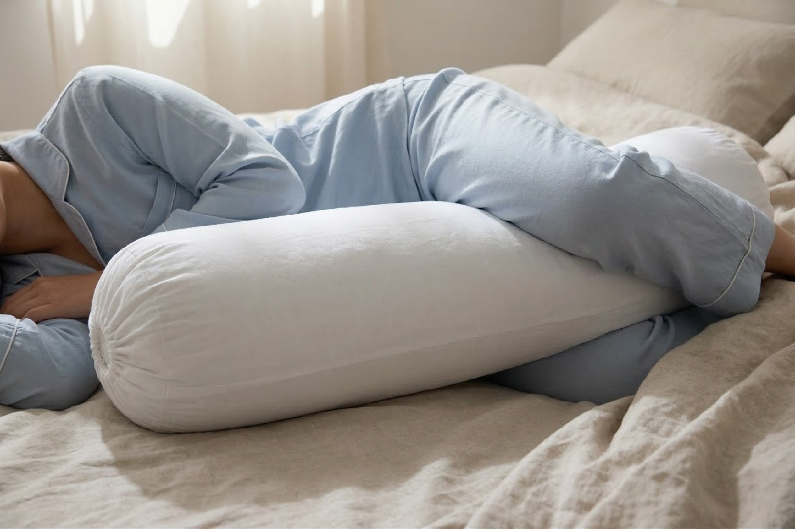 Woman sleeping on her side wrapped around a full-length Koalu bolster from torso to legs